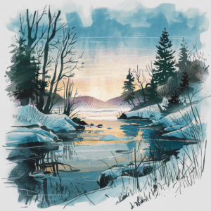 Frozen Twilight Reflections – Moody Winter Landscape Digital Art Print