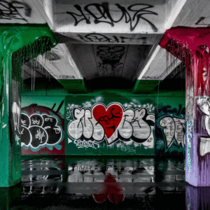 Graffiti Heart Wall Art – Urban Street Art Photography Under Bridge with Vivid Green & Red Dripping Columns | Limited Edition Digital Download (1 of 15)