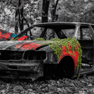 Urban Decay Car Art Print – Abandoned Vehicle with Vivid Red & Blue Graffiti and Green Vines | Limited Edition Digital Download (1 of 15)